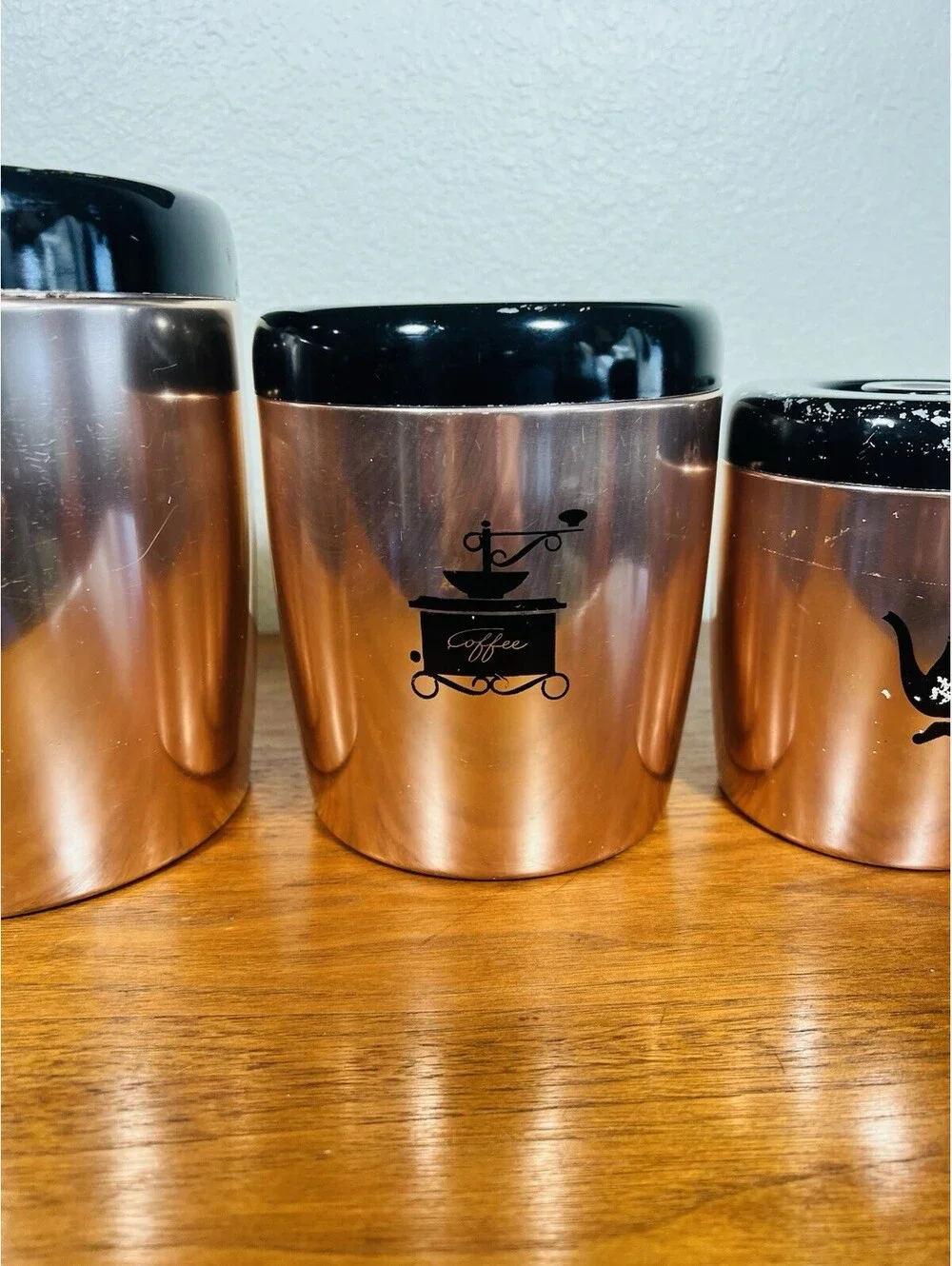 VTG 4 West Bend Copper Color Aluminum Kitchen Nesting Canisters w/Black Lids USA